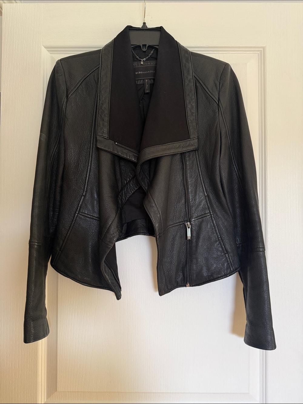 BCBGMaxAzria Black Draped Leather Zip Jacket